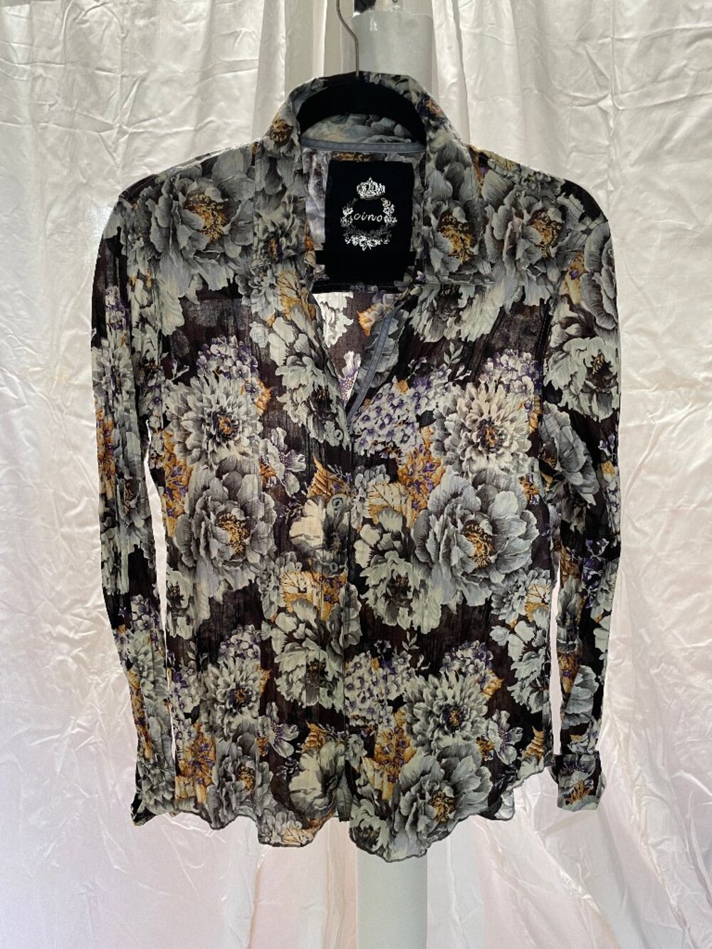 Cino Black Grey Floral Crinkle Long Sleeve Button-Down Shirt Size XL India